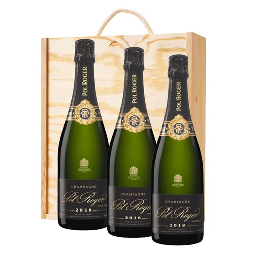 Pol Roger Brut Vintage Champagne 2018 75cl Treble Pine Wooden Gift Boxed (3 x 75cl)